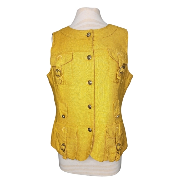 SANDRO Sportswear Yellow Safari Vest Jacket Multi Pocket Linen Cotton Sz XL - Picture 1 of 11